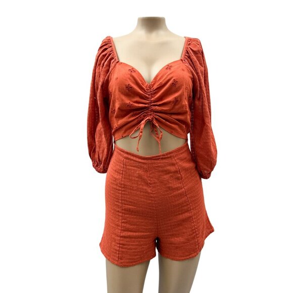 ASOS Eyelet Textured Ruched Tie Cutout Burnt Orange Puff Sleeve Playsuit Women 2 - Picture 1 of 12